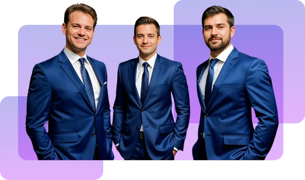 Three men in blue suits standing in front of a transparent background with overlapping purple gradient rounded rectangles.