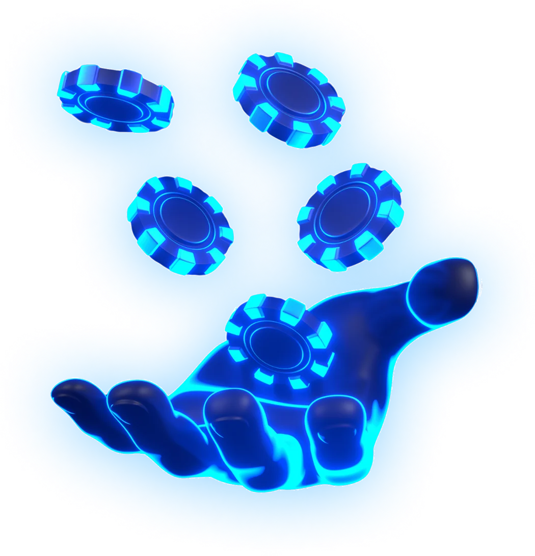 Futuristic neon hand tossing glowing blue casino chips into the air on a dark background.