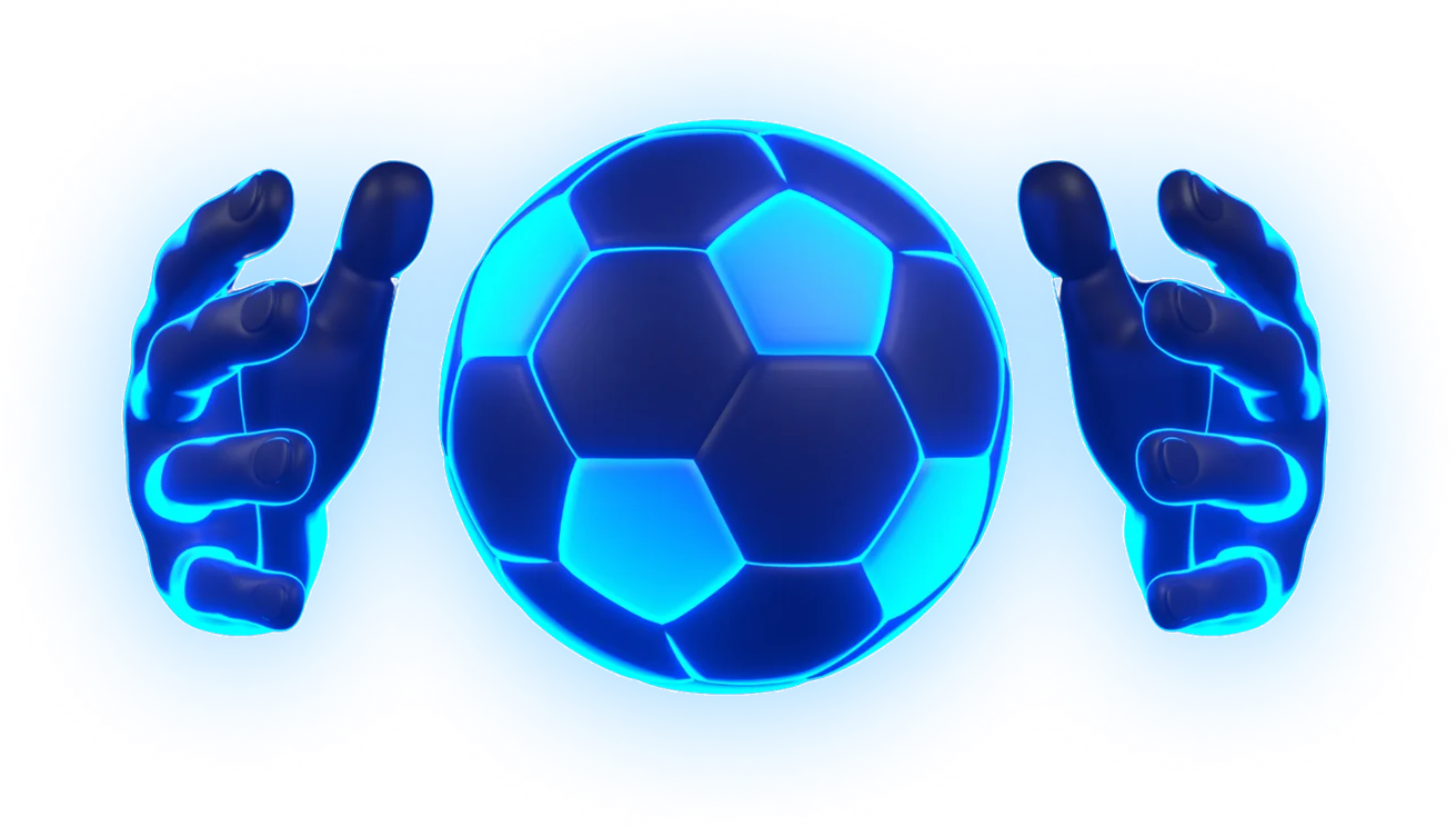 Glowing neon blue hands surrounding a futuristic soccer ball on a dark background.